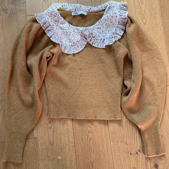 Women's Knit Peter Pan Collar Sweater Mustard Brown Wool Blend Size S - Picture 2 of 8